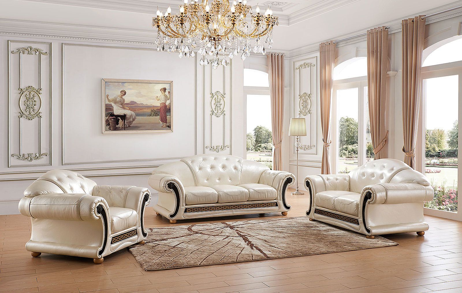 Pearl White Tufted Leather Sofa & Loveseat Living Room Set LR30