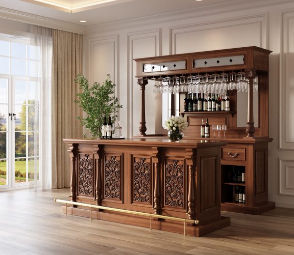 6.5Ft Elegant Solid Mahogany Mirrored Pub Bar W/ Rails - WNL49