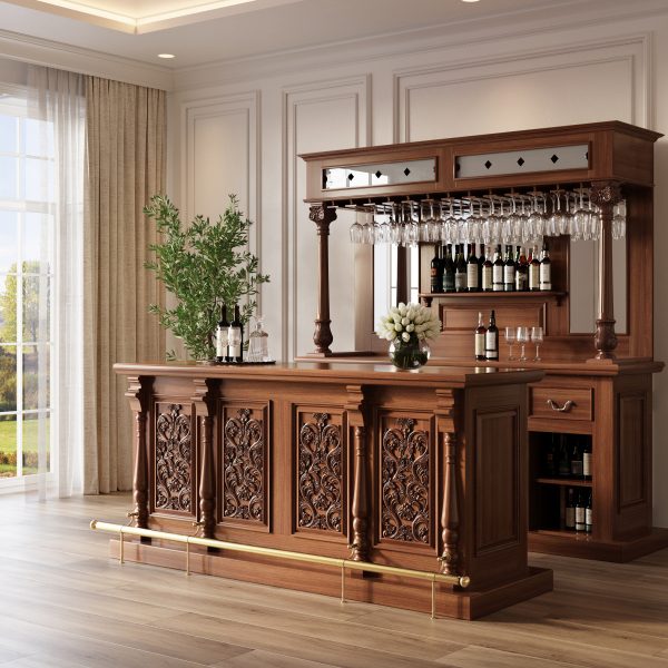 6.5Ft Elegant Solid Mahogany Mirrored Pub Bar W/ Rails - WNL49