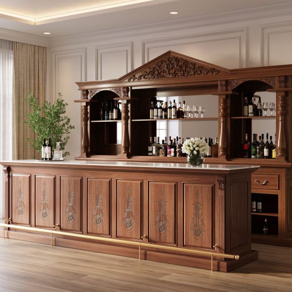 11.5Ft Solid Mahogany Carved Home Pub Bar w/ Brass Rails - WNL48