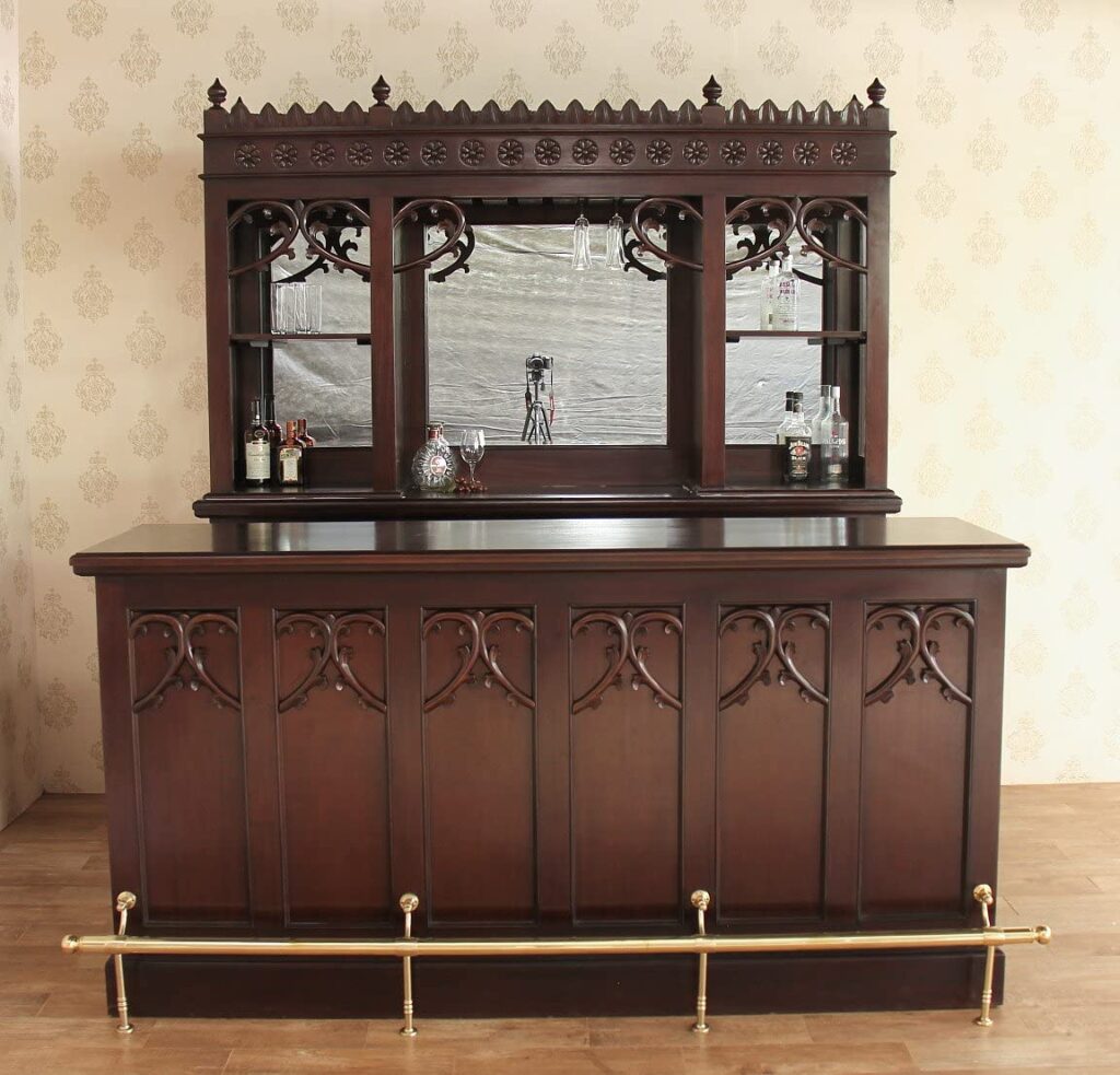 7Ft Gothic Solid Wood Home Bar W/ Mirrors & Brass Rails WNL42