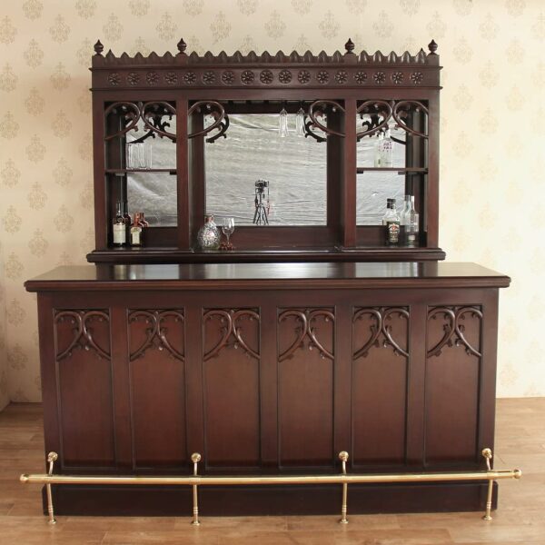 7Ft Gothic Solid Wood Home Bar W/ Mirrors & Brass Rails - WNL42