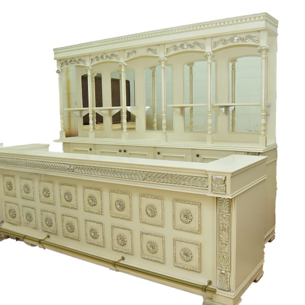 Opulent Off-white Bar with Silver-leaf Accents & Mirrored Back Hutch - Bar WNL181