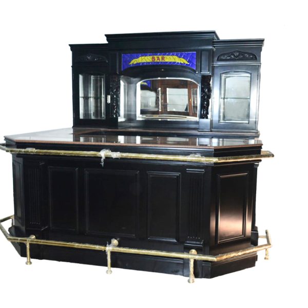 Black 8 ft Home Bar with Brass Rail & Stained Glass - Bar WNL173