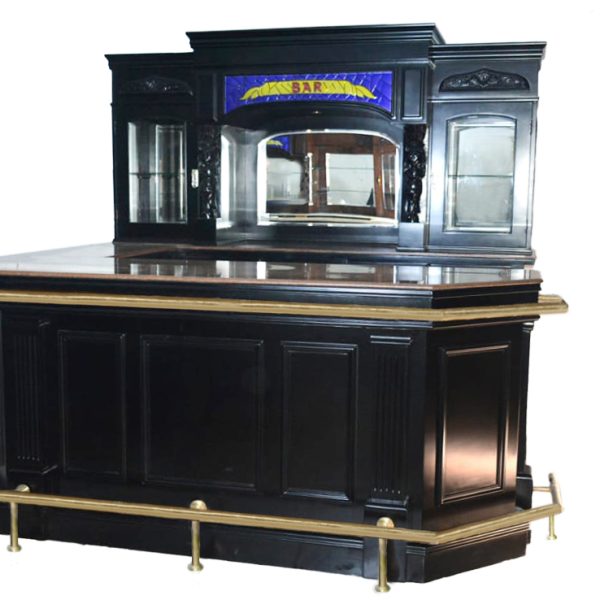 Black 8 ft Home Bar with Brass Rail & Stained Glass - Bar WNL173