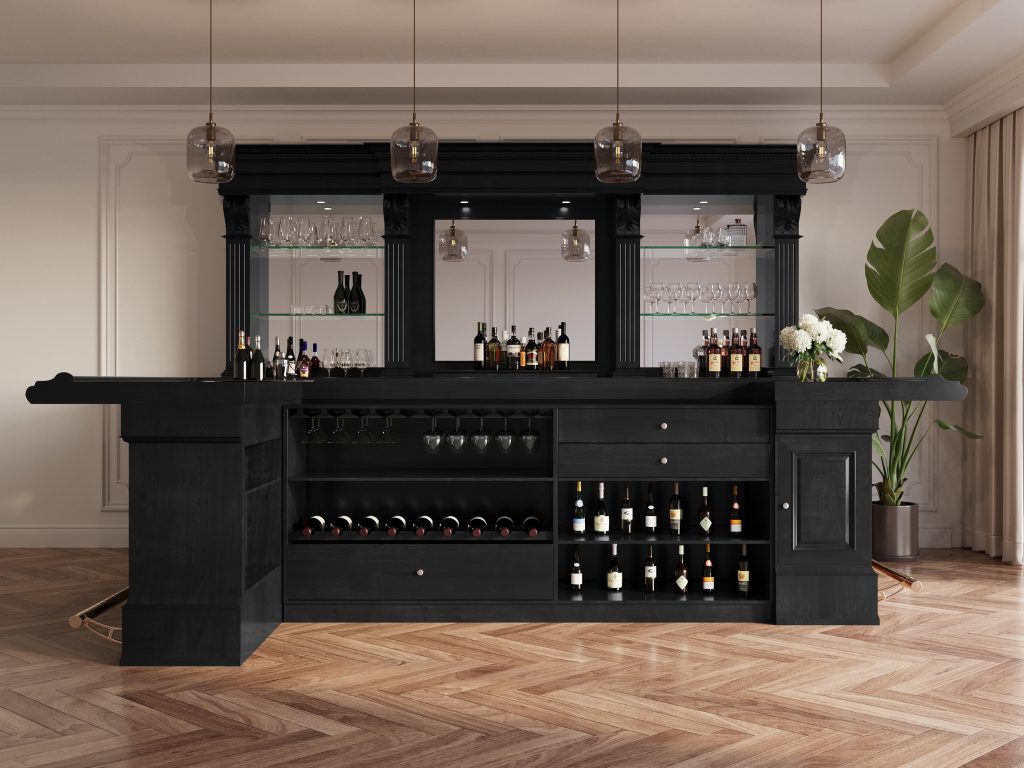 Large L-Shaped Black Bar with Mirrored Back – Bar WNL183 – WoodnLuxury