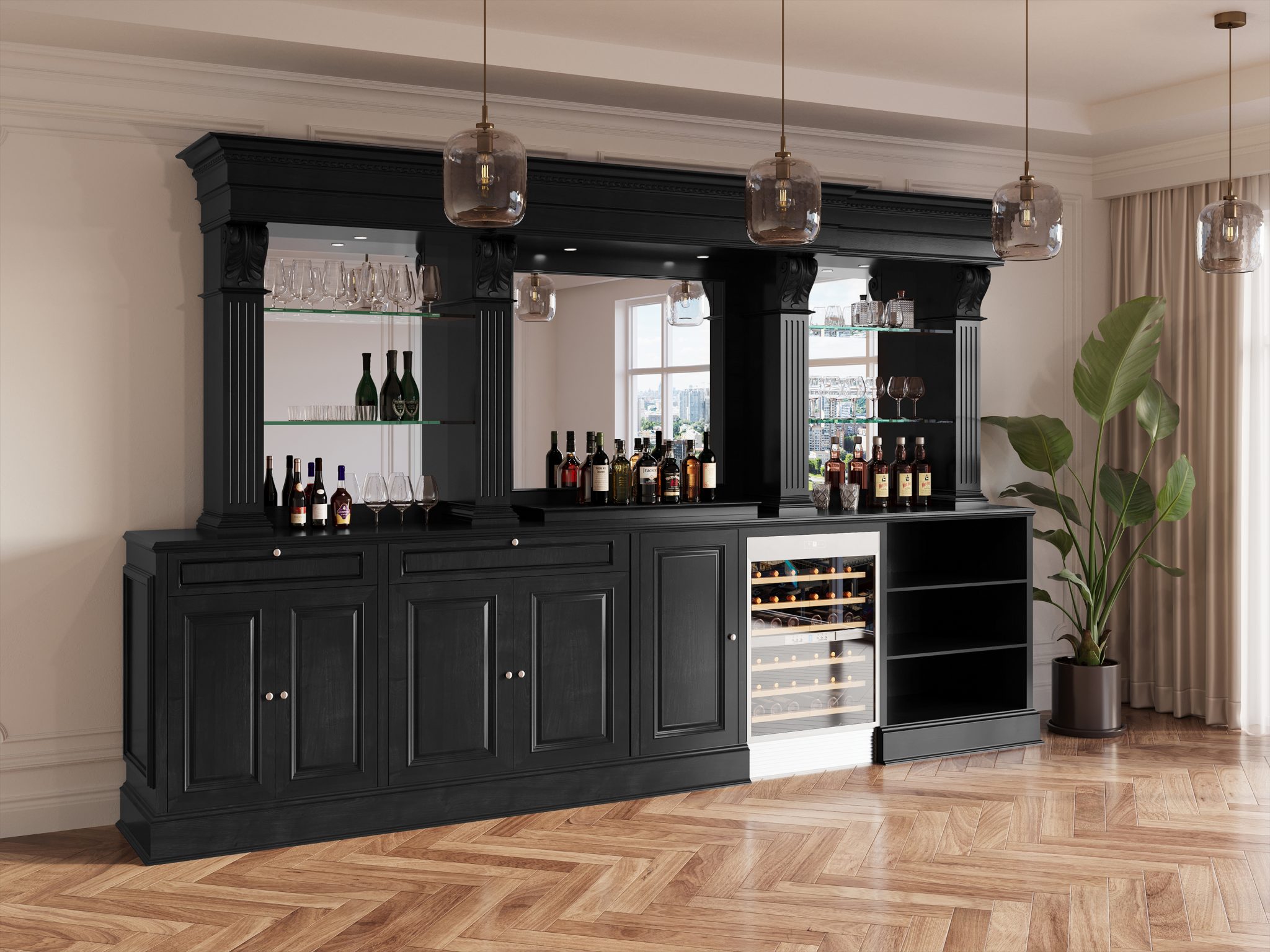Large Scale Bar Large L-Shaped Black Bar with Mirrored Back – Bar WNL183 – WoodnLuxury