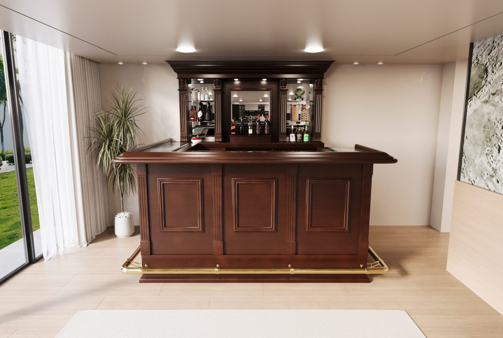 Traditional Dark Cherry Finish Bar Boasting Elegant Paneled ...